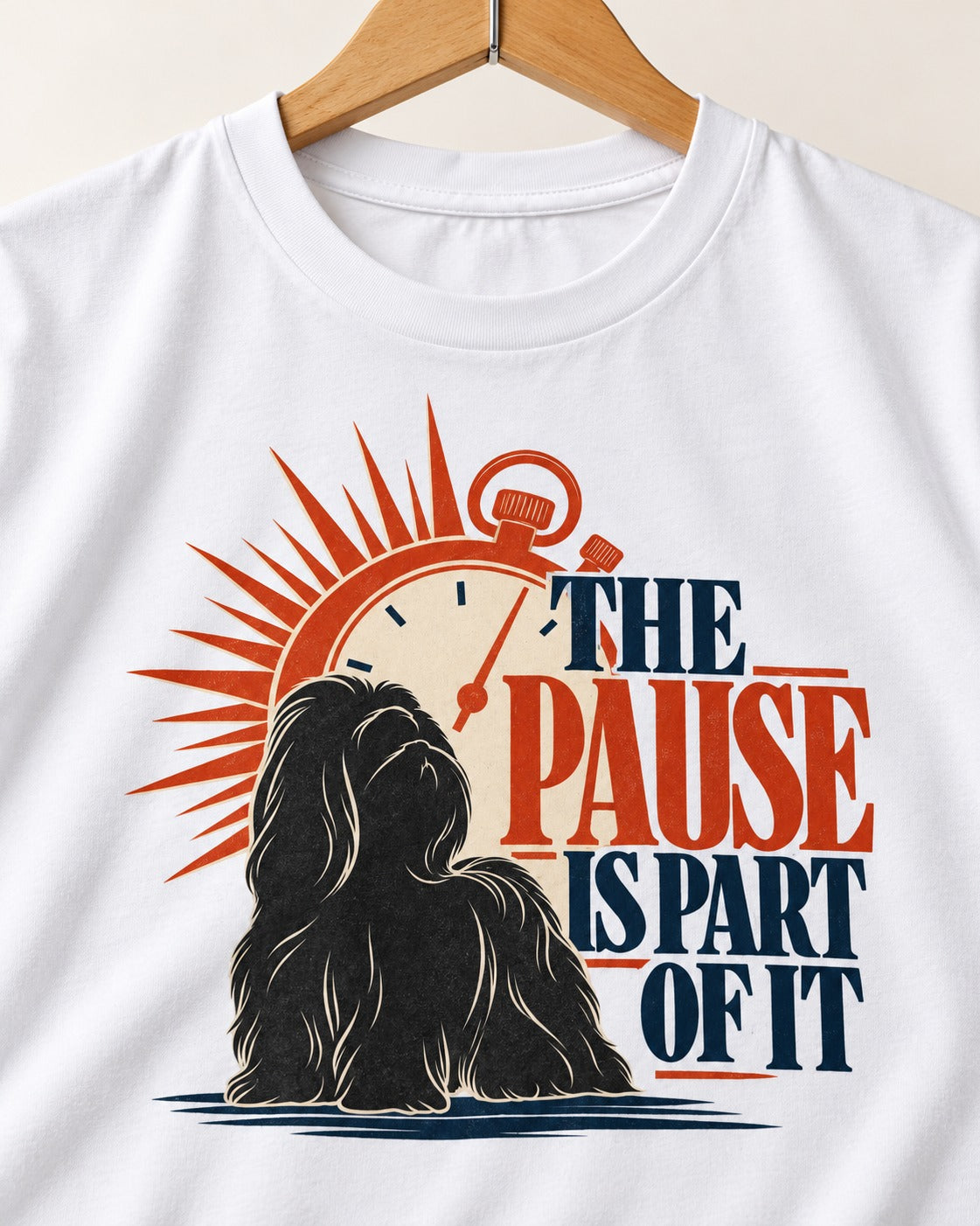 The Shih Tzu Pause T-Shirt in White, close-up of the graphic
