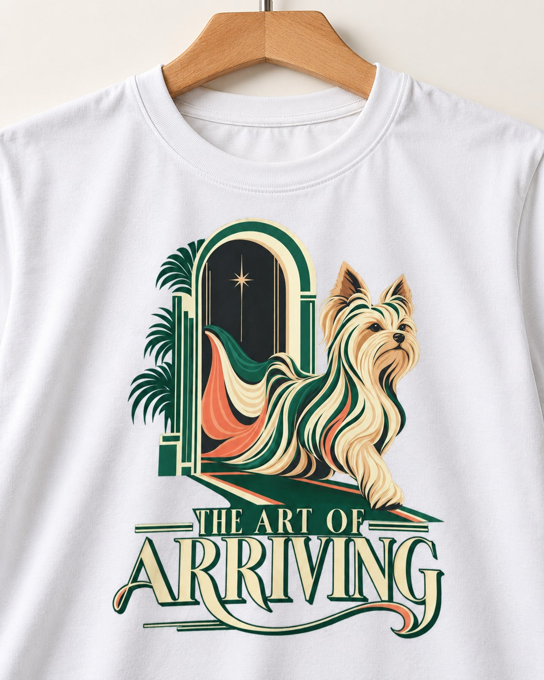Yorkshire Terrier Arriving T-Shirt in White, close-up of the graphic