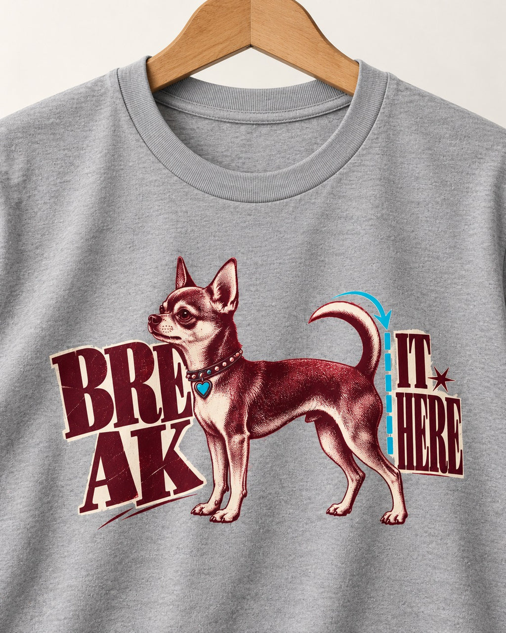 Chihuahua Break It Here Perforation Graphic T-Shirt in Sport Grey, close-up of the graphic