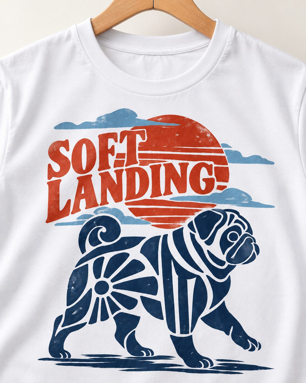 Pug's Soft Landing T-Shirt in White, close-up of the graphic