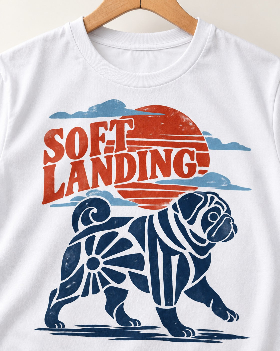 Pug's Soft Landing T-Shirt in White, close-up of the graphic