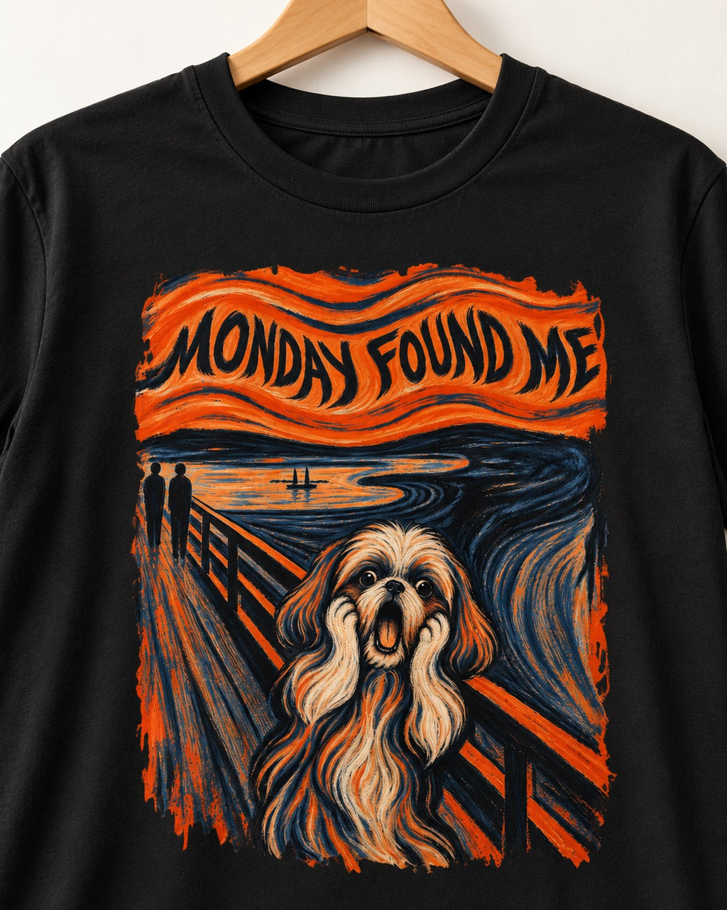 Shih Tzu Monday Found Me Scream Parody Graphic T-Shirt in Black, close-up of the graphic