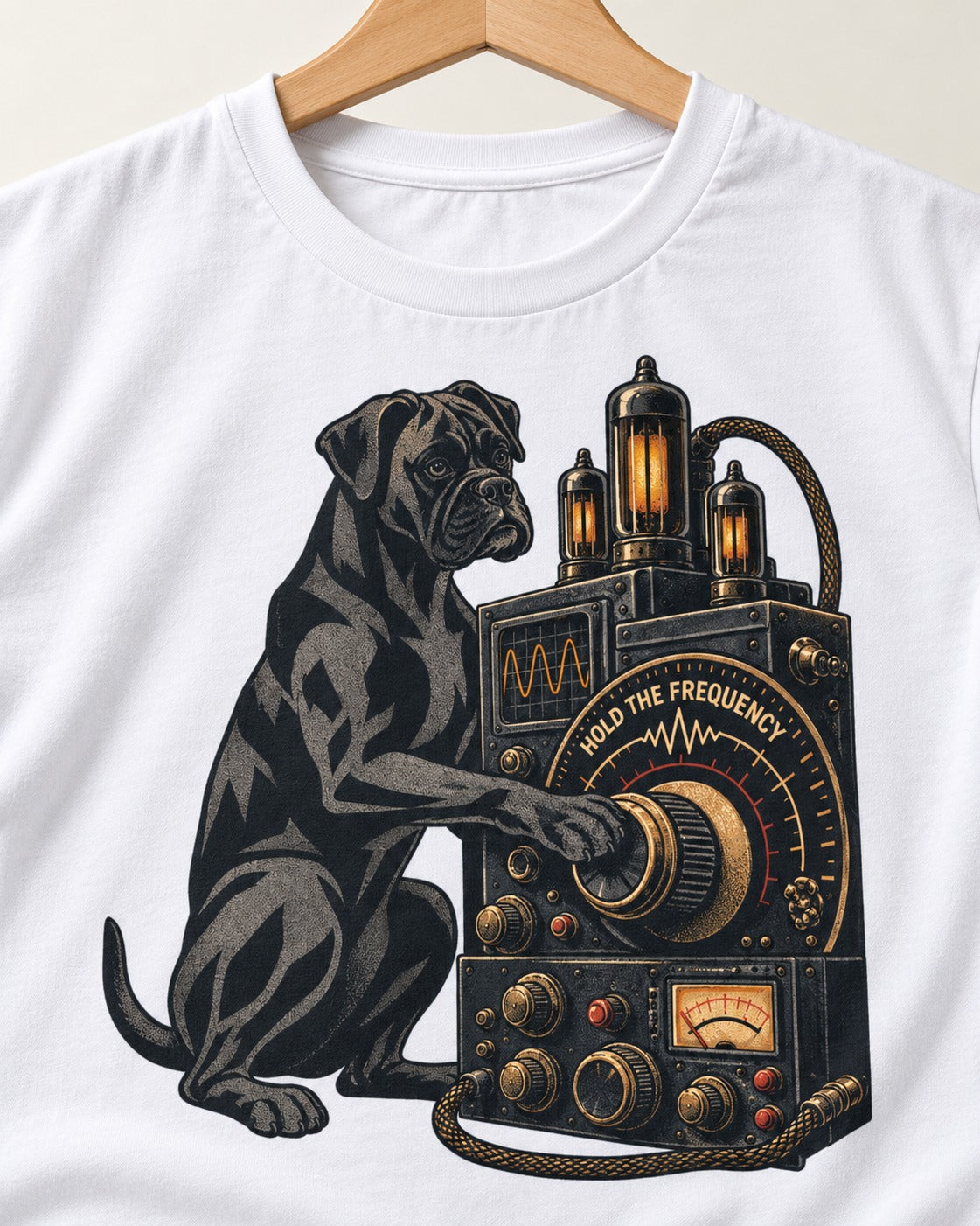Hold the Boxer Frequency T-Shirt in White, close-up of the graphic