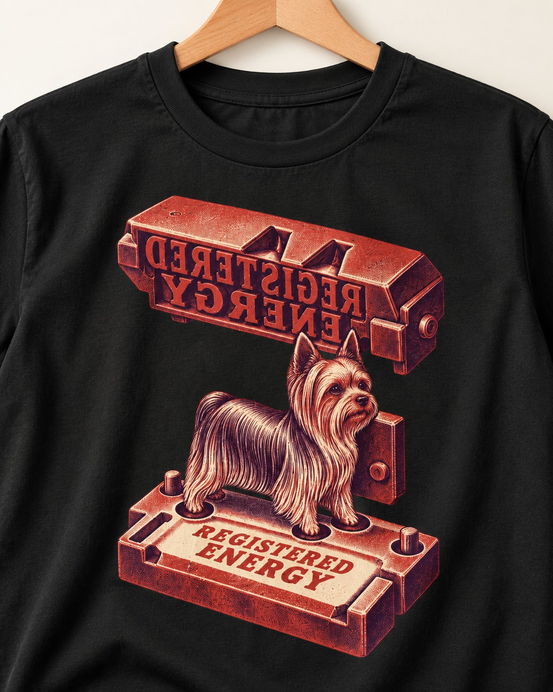 Yorkshire Terrier Registered Energy Stamp Press Graphic T-Shirt in Black, close-up of the graphic