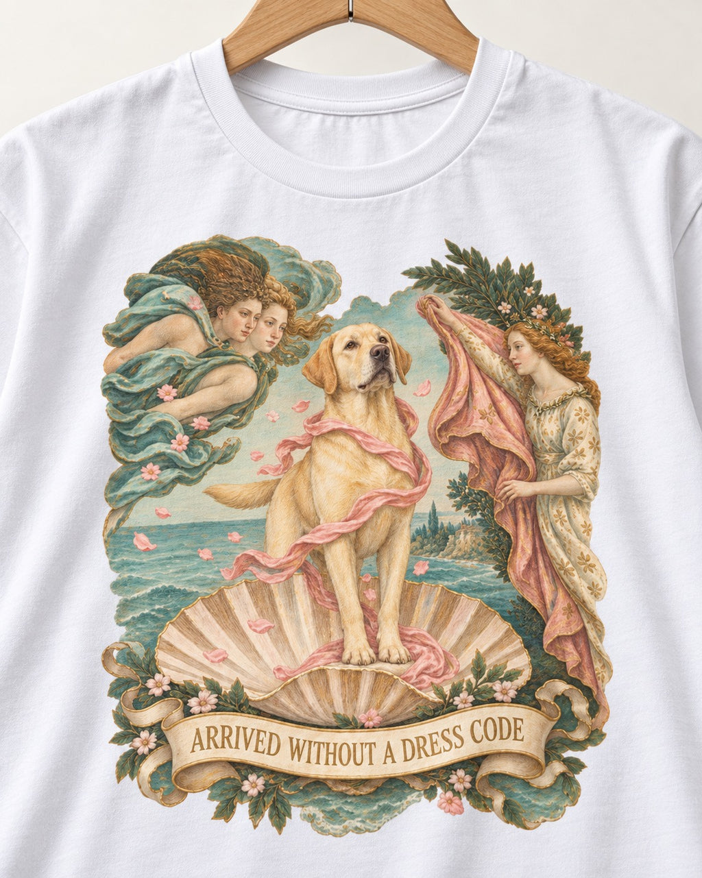 Labrador Retriever Without a Dress Code T-Shirt in White, close-up of the graphic