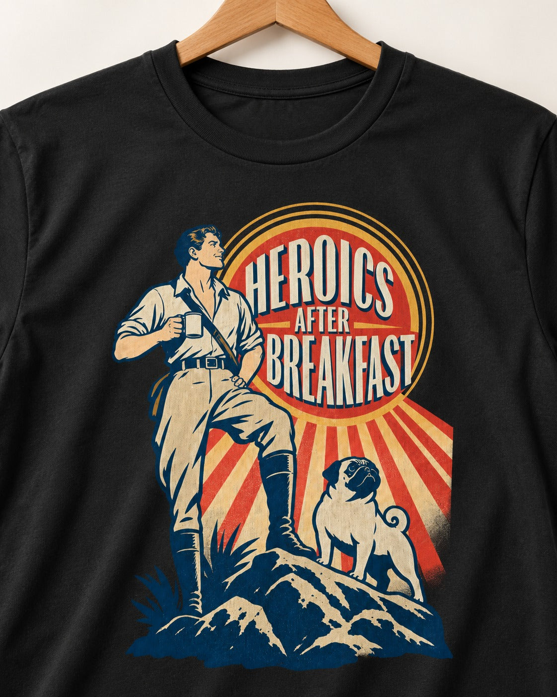 Pug Heroics After Breakfast Adventure Graphic T-Shirt in Black, close-up of the graphic