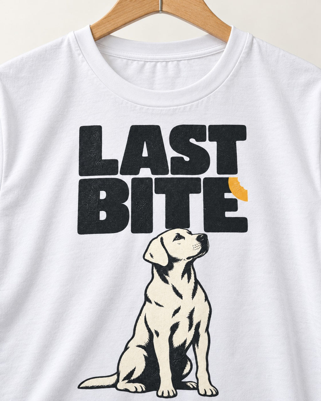 Labrador Retriever's Last Bite T-Shirt in White, close-up of the graphic