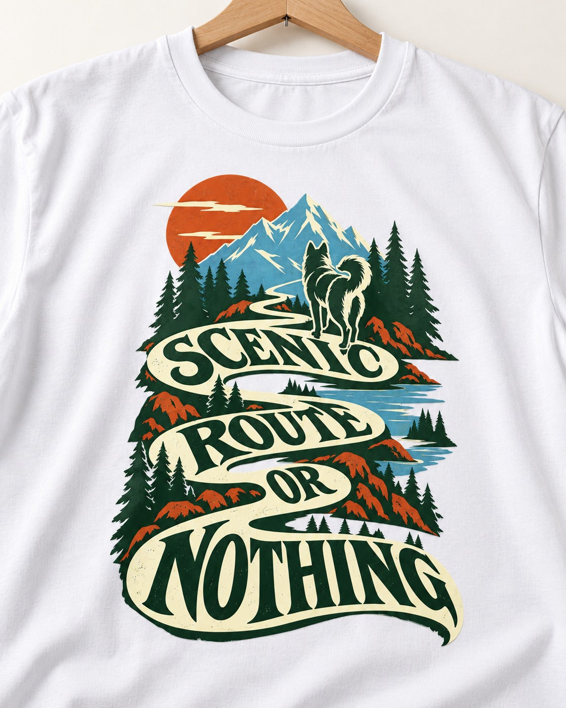 Husky Scenic Route or Nothing T-Shirt in White, close-up of the graphic