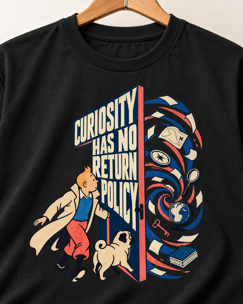 Pug Curiosity Has No Return Policy Portal Graphic T-Shirt in Black, close-up of the graphic
