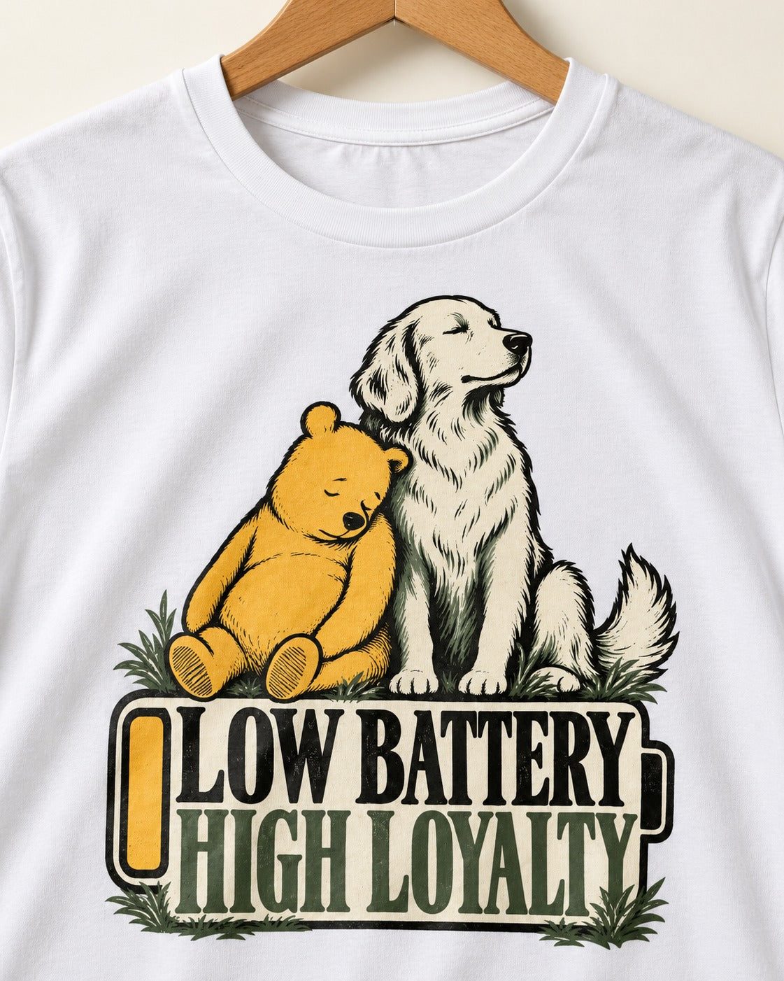 Golden Retriever Low Battery High Loyalty T-Shirt in White, close-up of the graphic