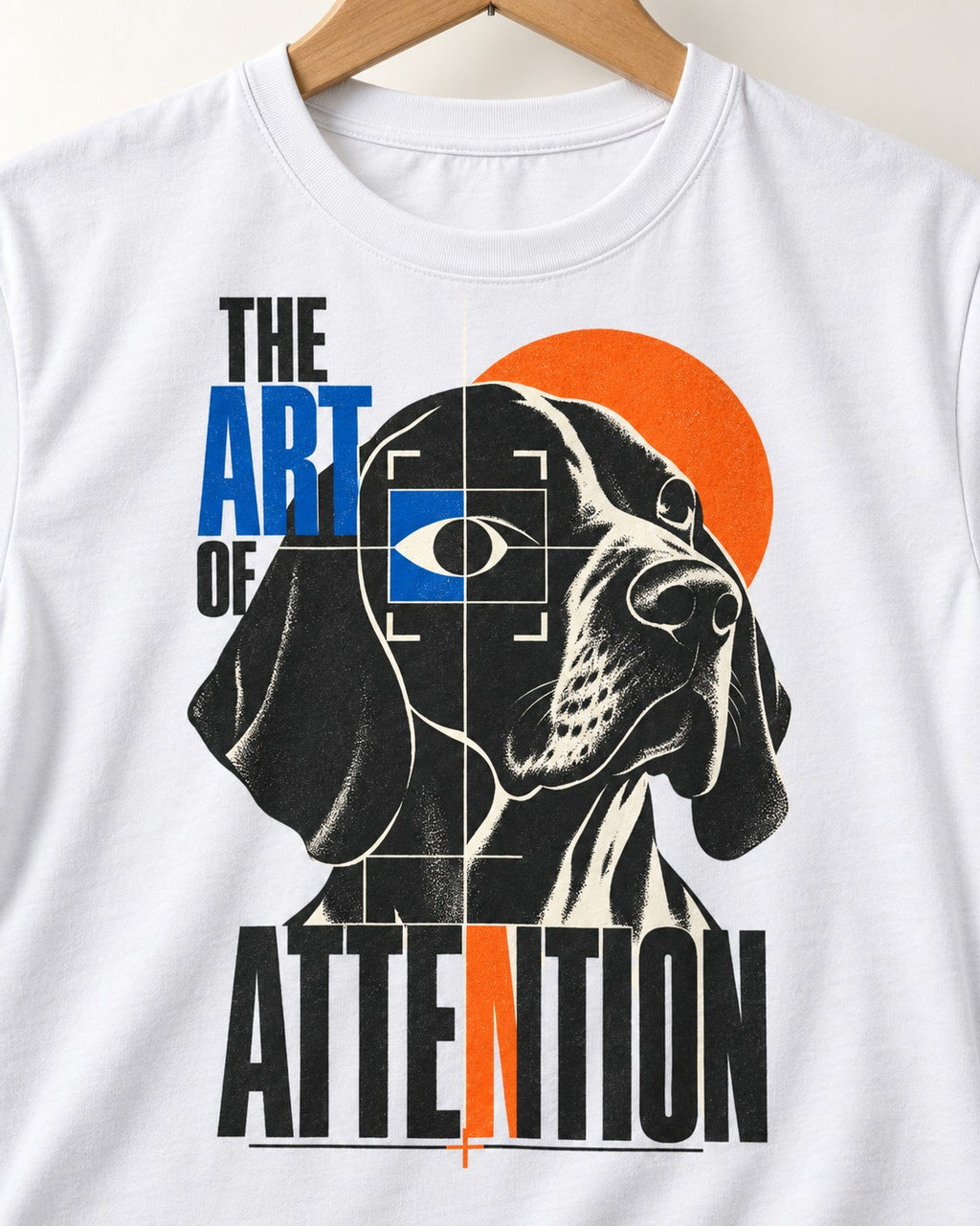 German Shorthaired Pointer Attention T-Shirt in White, close-up of the graphic