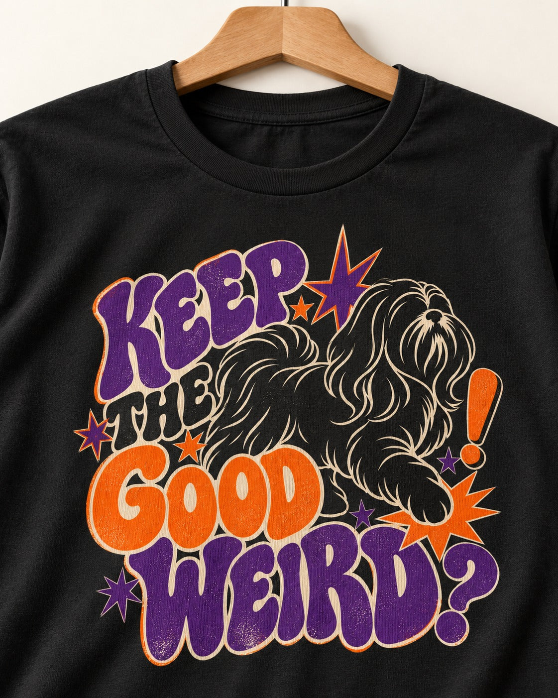 Shih Tzu Keep the Good Weird Retro Typography Graphic T-Shirt in Black, close-up of the graphic