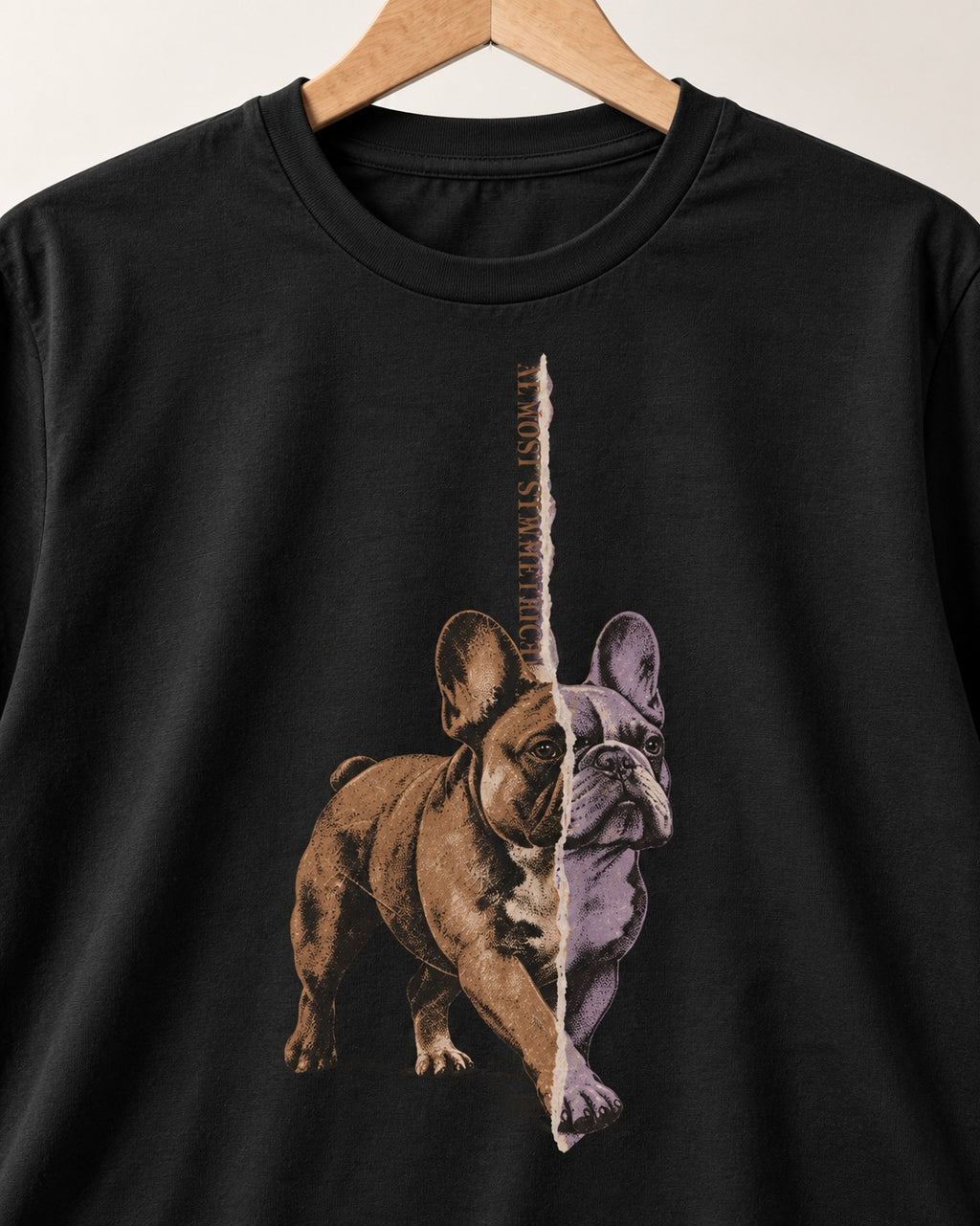 Frenchie Almost Symmetrical Torn Split Graphic T-Shirt in Black, close-up of the graphic