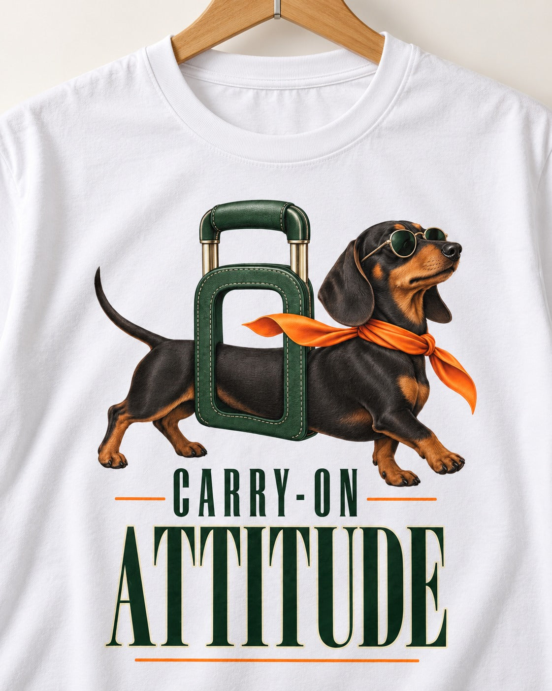 Dachshund Carry on Attitude T-Shirt in White, close-up of the graphic