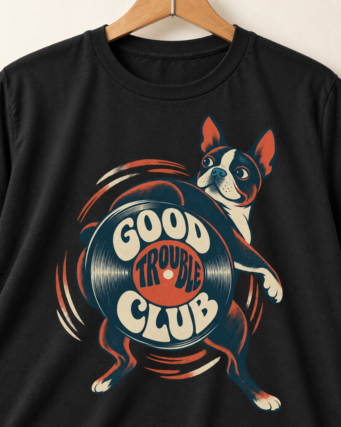 Good Trouble Club Boston Terrier T-Shirt in Black, close-up of the graphic
