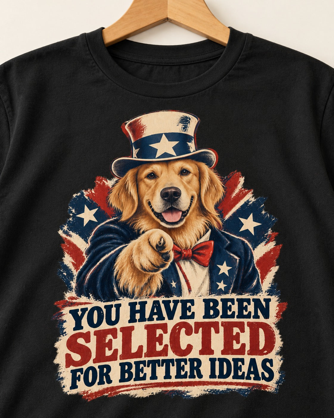 You Have Been Selected for Better Ideas Uncle Sam Golden Retriever Graphic T-Shirt in Black, close-up of the graphic