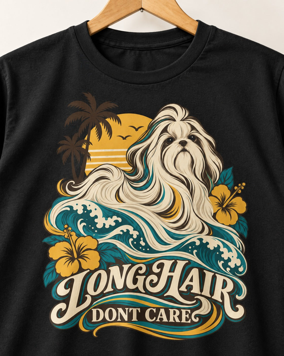 Shih Tzu Long Hair Don't Care Tropical Wave Graphic T-Shirt in Black, close-up of the graphic