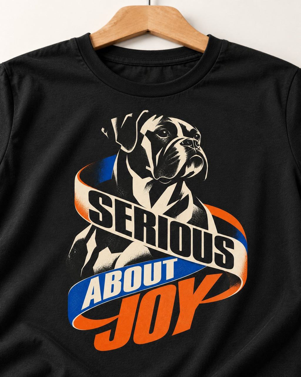 Boxer Serious About Joy T-Shirt in Black, close-up of the graphic