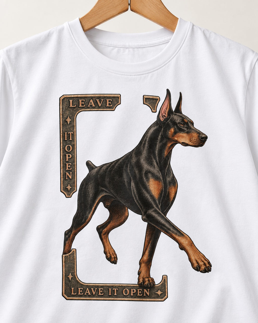 Leave It Open Doberman T-Shirt in White, close-up of the graphic