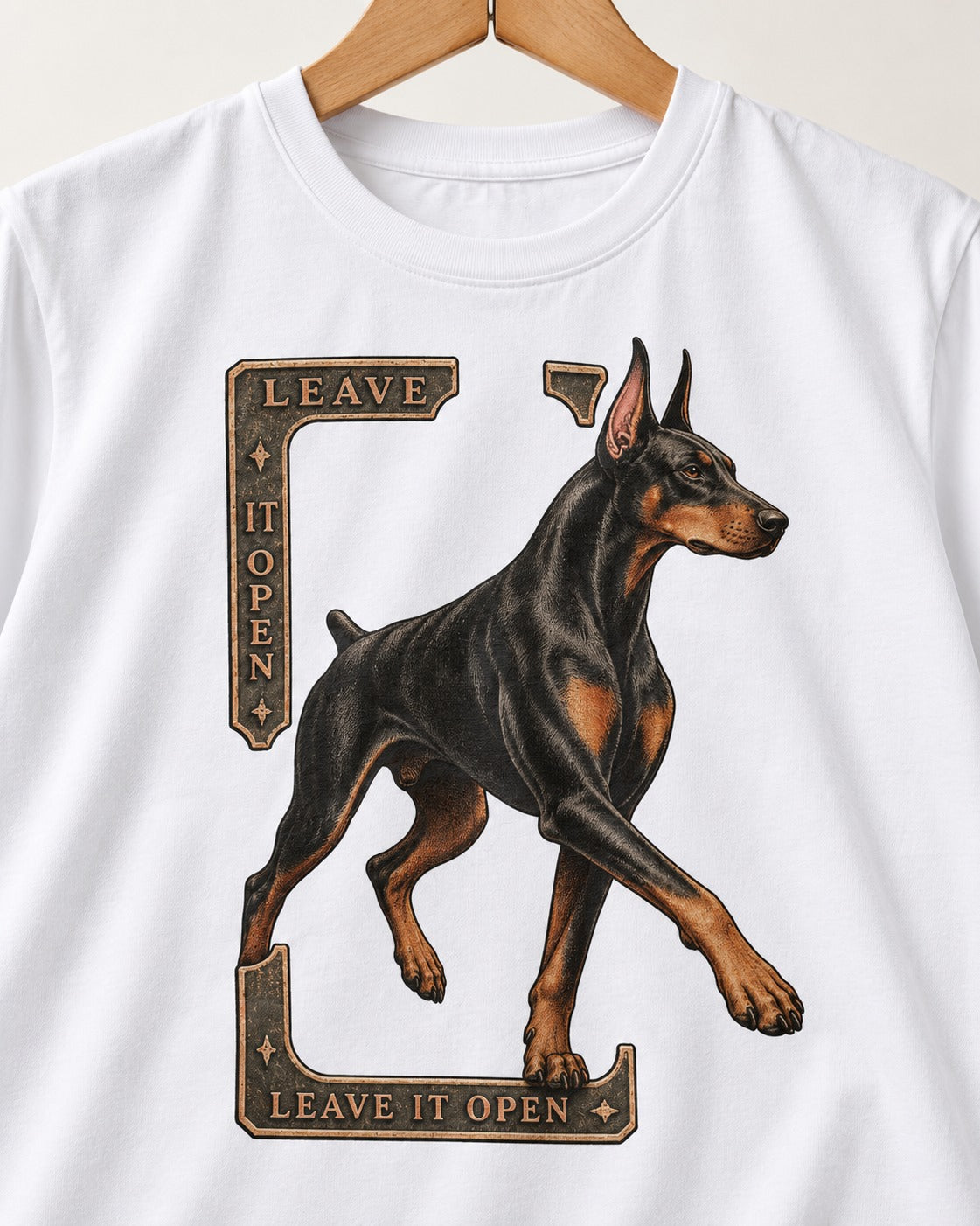 Leave It Open Doberman T-Shirt in White, close-up of the graphic