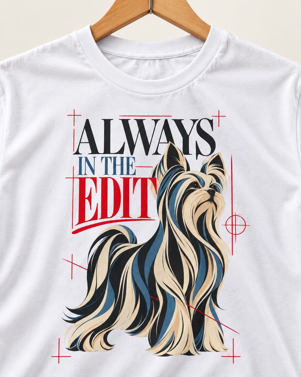Always in the Edit Yorkshire Terrier T-Shirt in White, close-up of the graphic