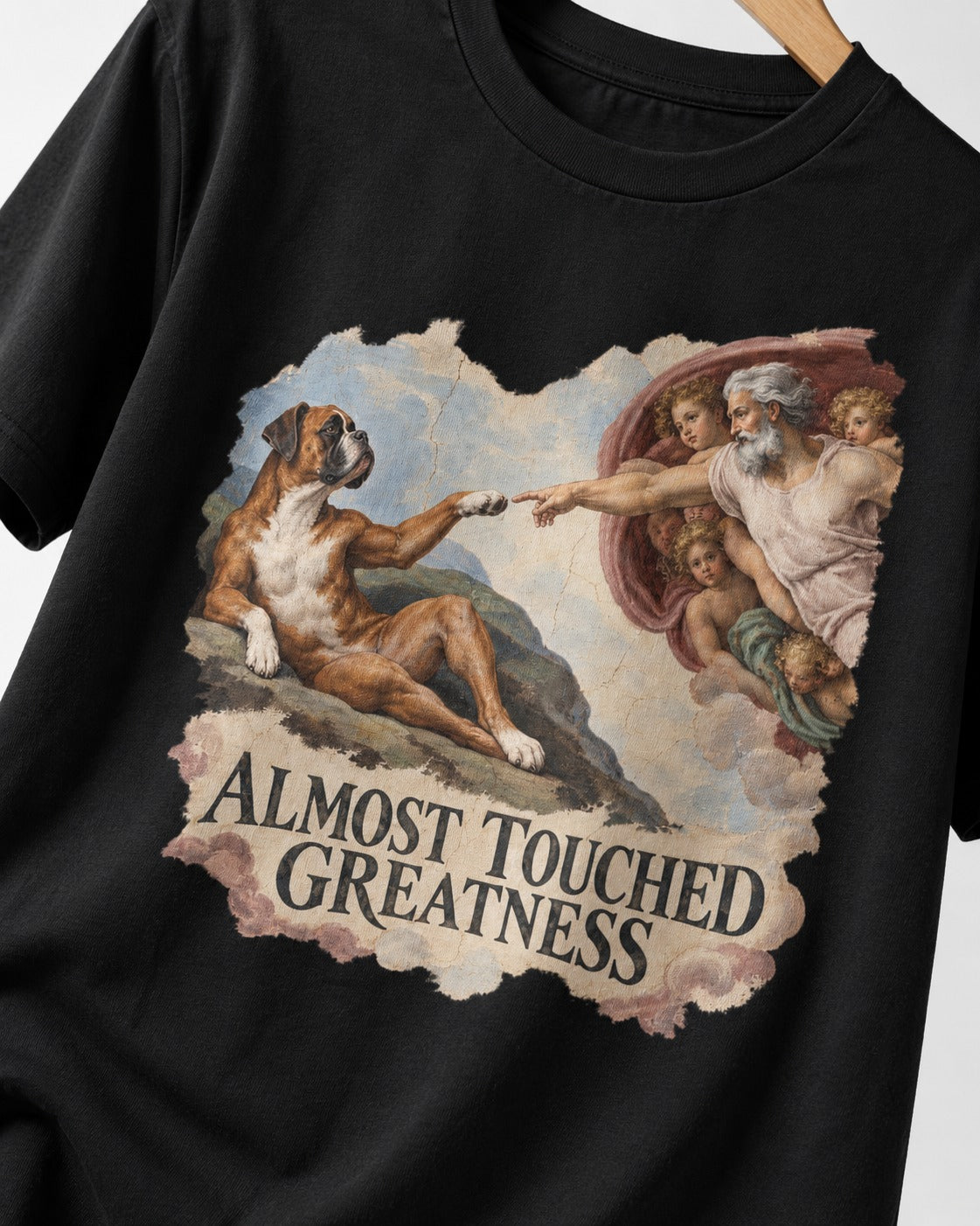 Almost Touched Greatness Boxer Creation Fresco Graphic T-Shirt in Black, close-up of the graphic