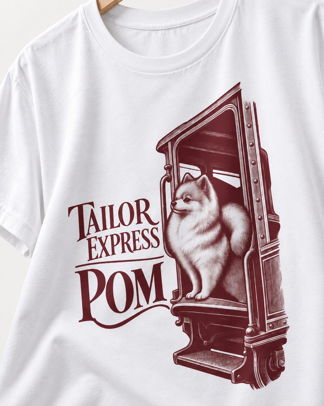 Pomeranian Express T-Shirt in White, close-up of the graphic