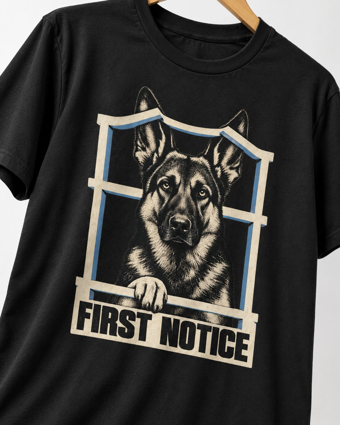 First Notice Window German Shepherd Dog Graphic T-Shirt in Black, close-up of the graphic