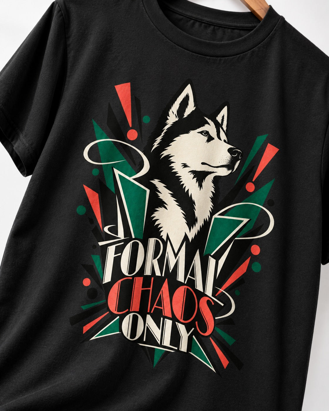 Husky Formal Chaos Only Art Deco Portrait Graphic T-Shirt in Black, close-up of the graphic