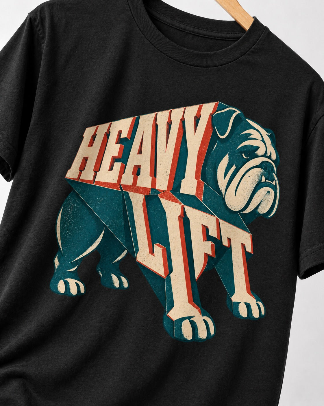 English Bulldog Heavy Lift Dimensional Type T-Shirt in Black, close-up of the graphic