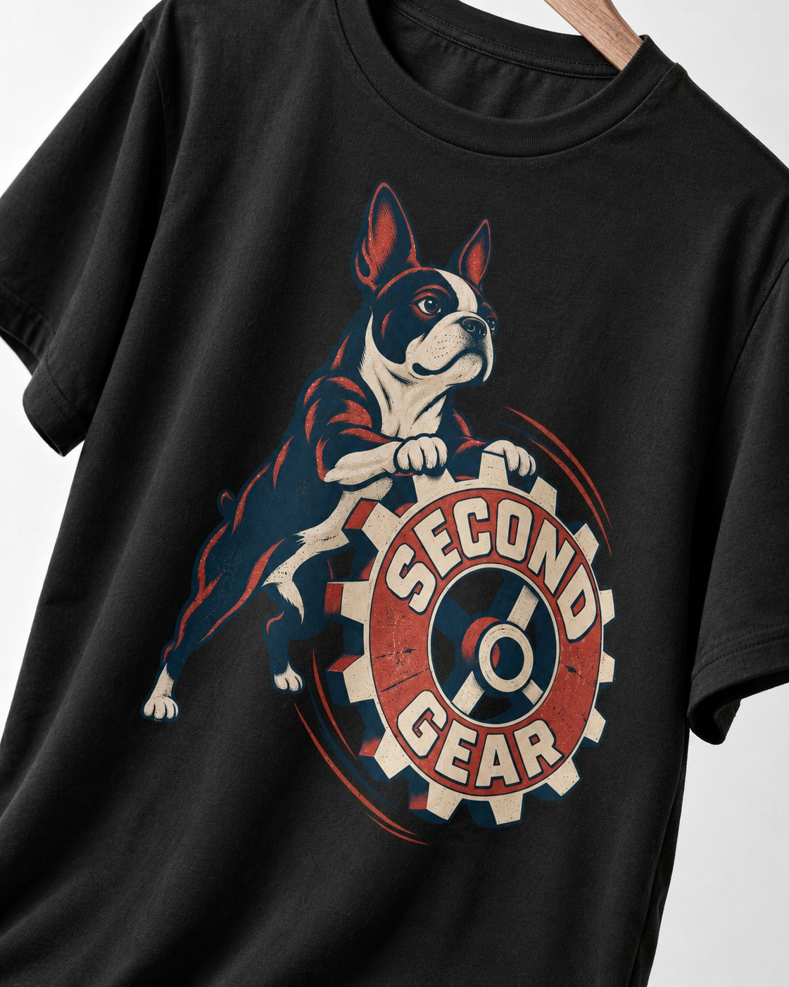 Second Gear Boston Terrier Graphic T-Shirt in Black, close-up of the graphic