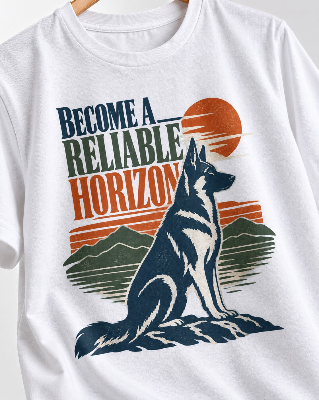 German Shepherd Dog Become a Reliable Horizon T-Shirt in White, close-up of the graphic
