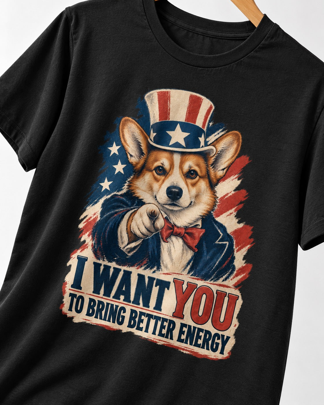 Corgi I Want You to Bring Better Energy Uncle Sam T-Shirt in Black, close-up of the graphic
