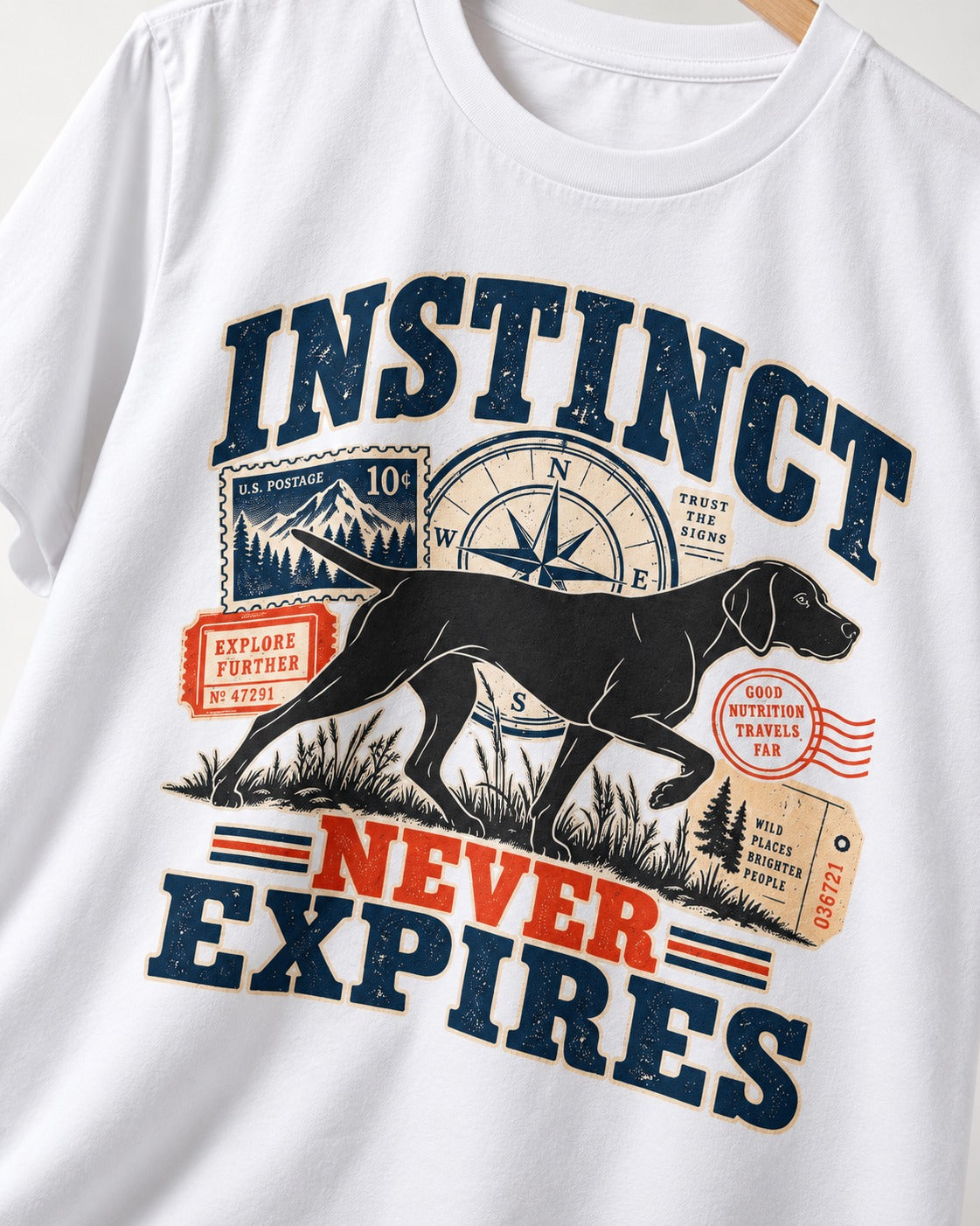 German Shorthaired Pointer Instinct Never Expires T-Shirt in White, close-up of the graphic