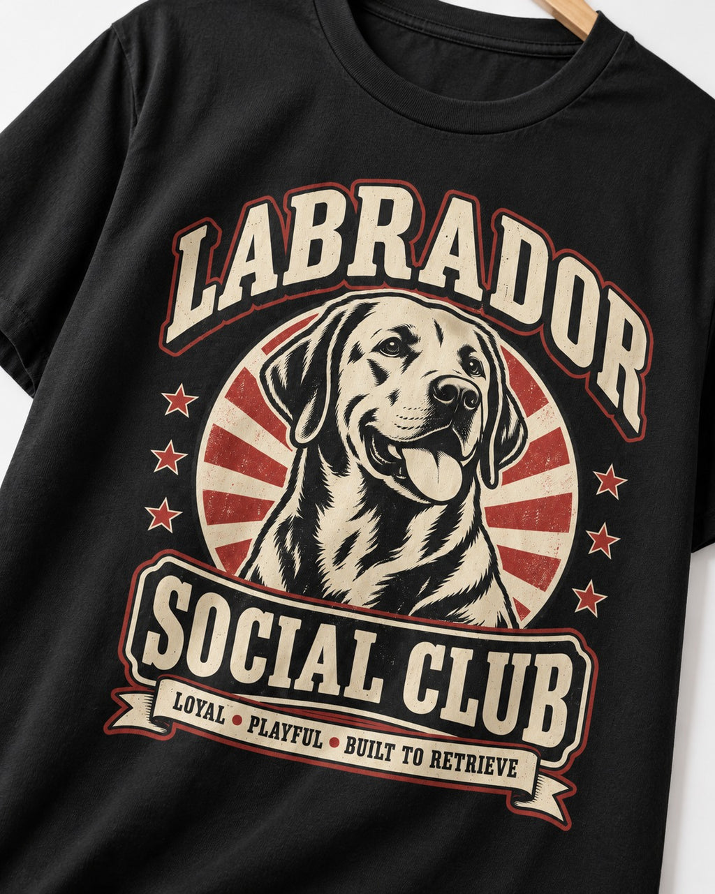 Labrador Retriever Social Club Loyal Playful Built to Retrieve Badge Graphic T-Shirt in Black, close-up of the graphic
