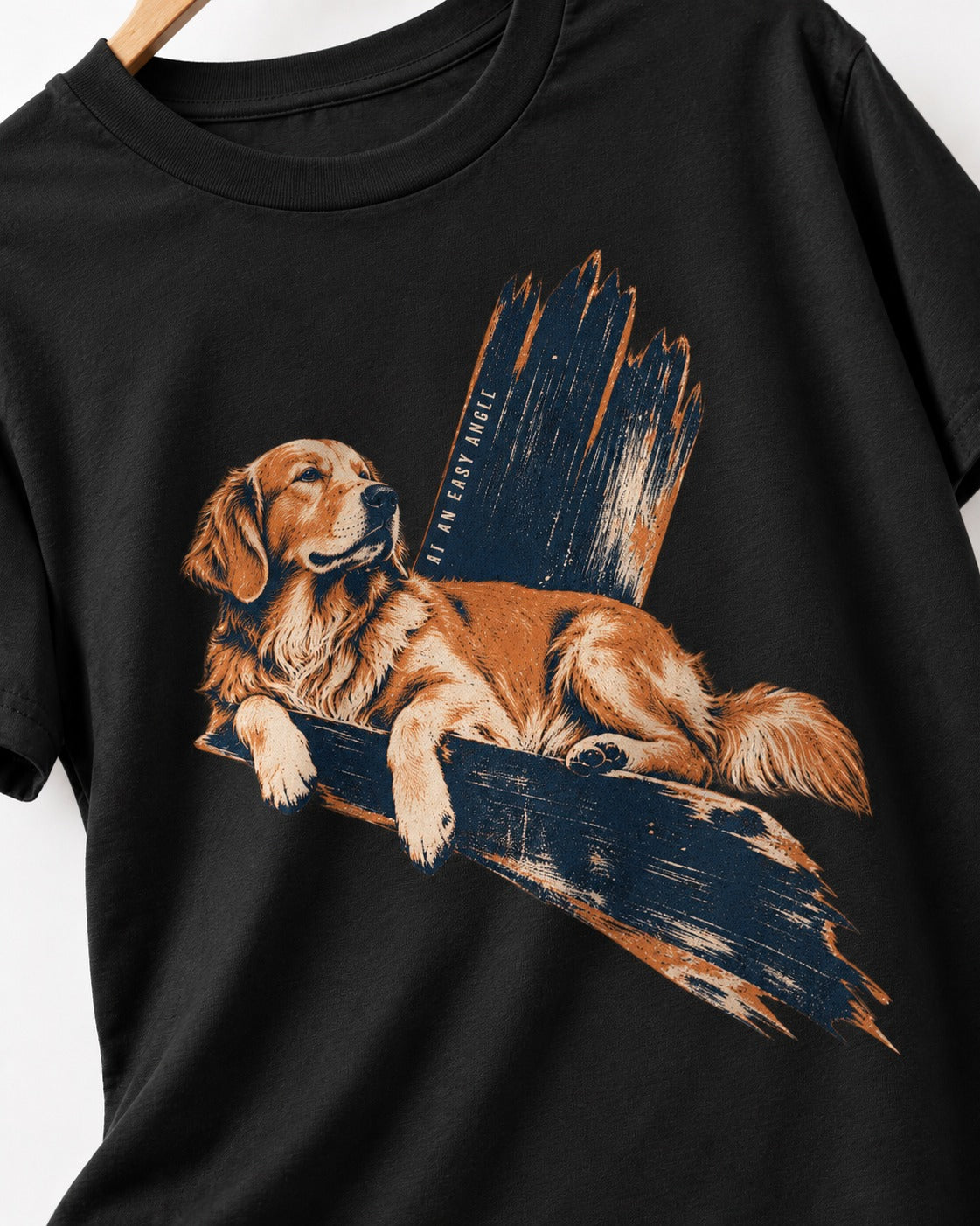 Golden Retriever At an Easy Angle Brushstroke Lounge Graphic T-Shirt in Black, close-up of the graphic