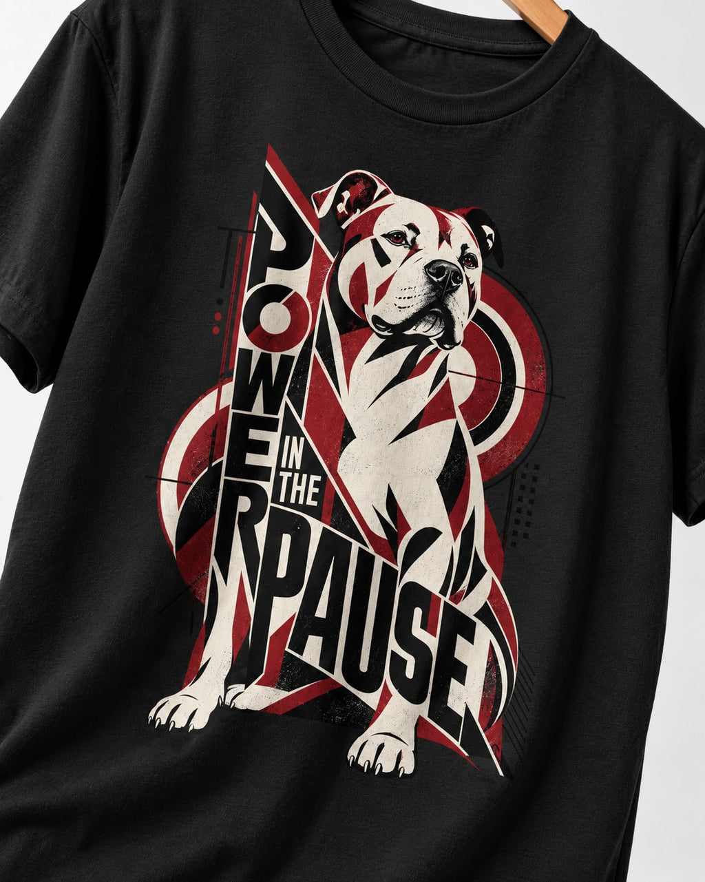 Pitbull Power in the Pause Geometric Graphic T-Shirt in Black, close-up of the graphic