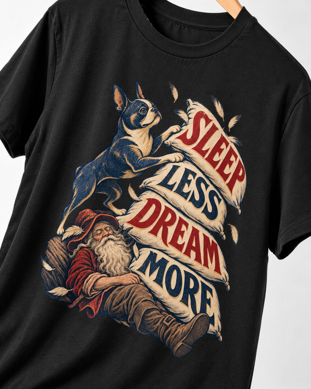 Boston Terrier Sleep Less Dream More T-Shirt in Black, close-up of the graphic