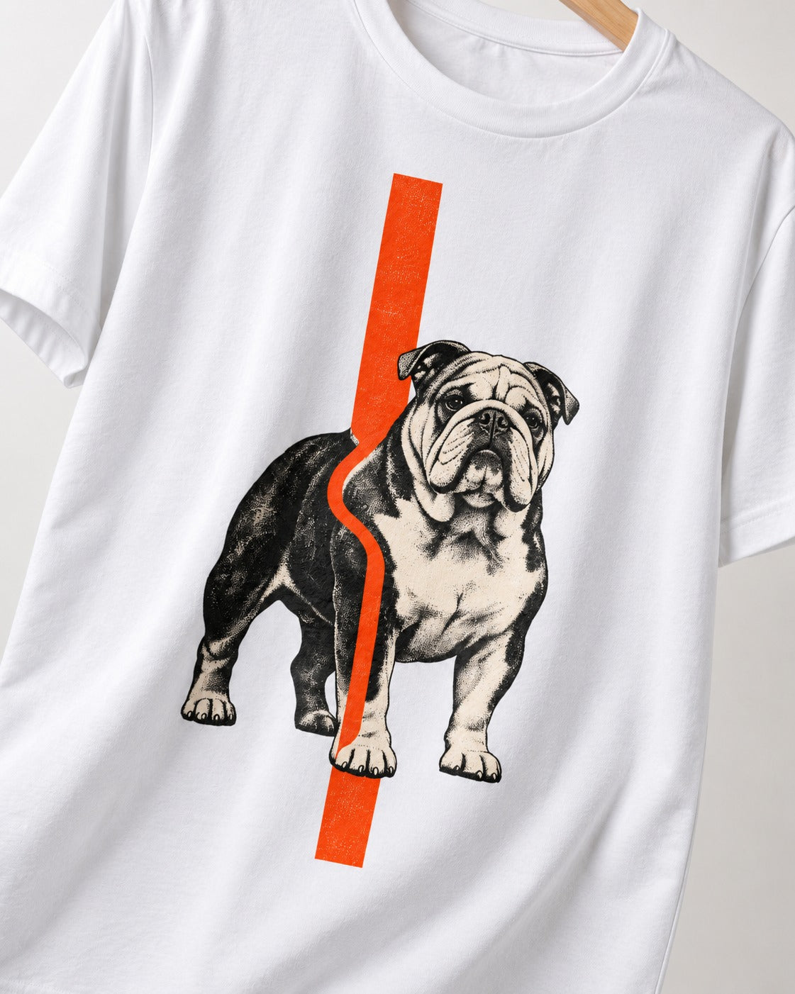 English Bulldog Quiet Strength T-Shirt in White, close-up of the graphic