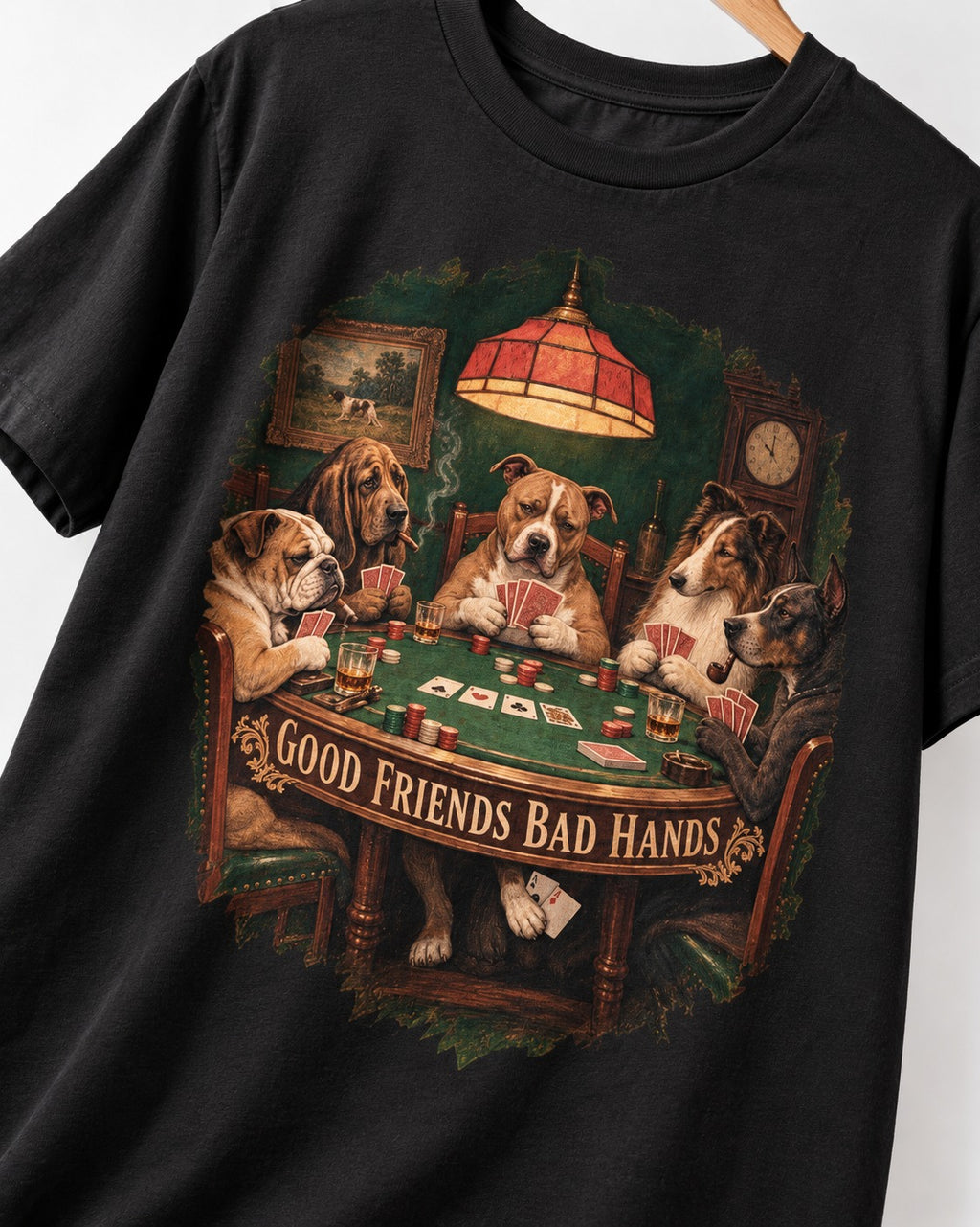 Pitbull Good Friends Bad Hands Poker Night Graphic T-Shirt in Black, close-up of the graphic