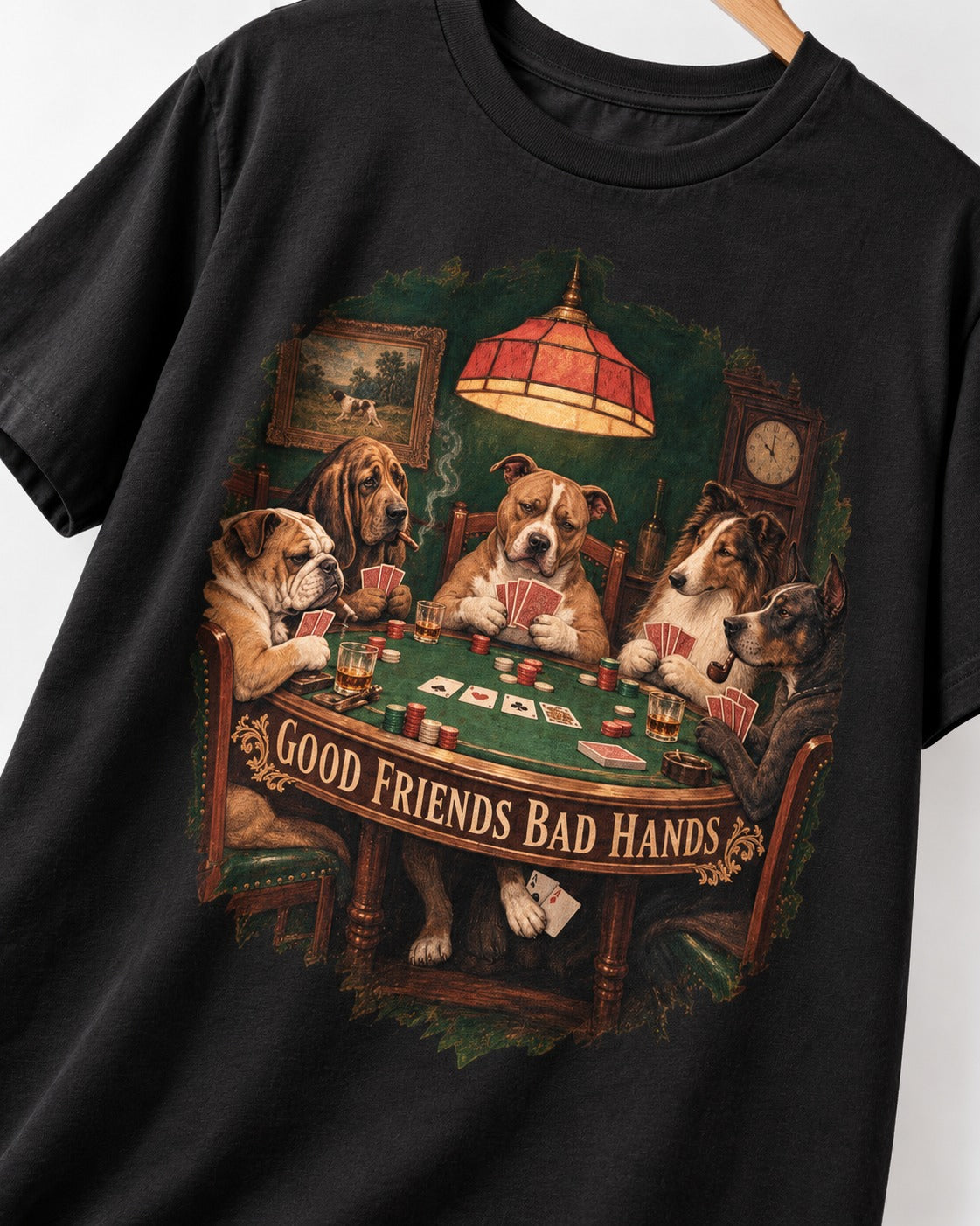 Pitbull Good Friends Bad Hands Poker Night Graphic T-Shirt in Black, close-up of the graphic