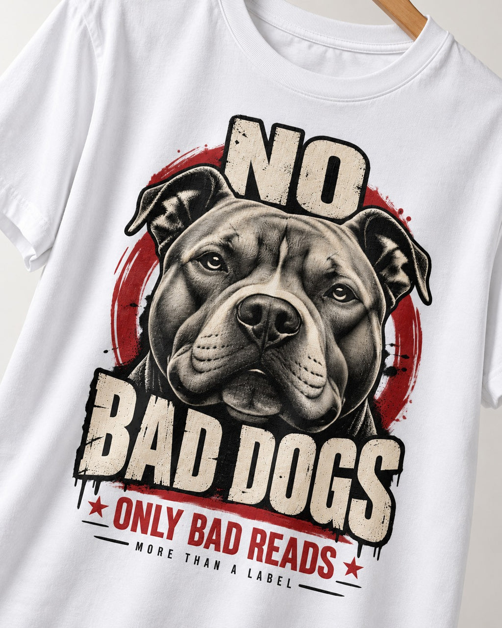 Pitbull Only Bad Reads T-Shirt in White, close-up of the graphic