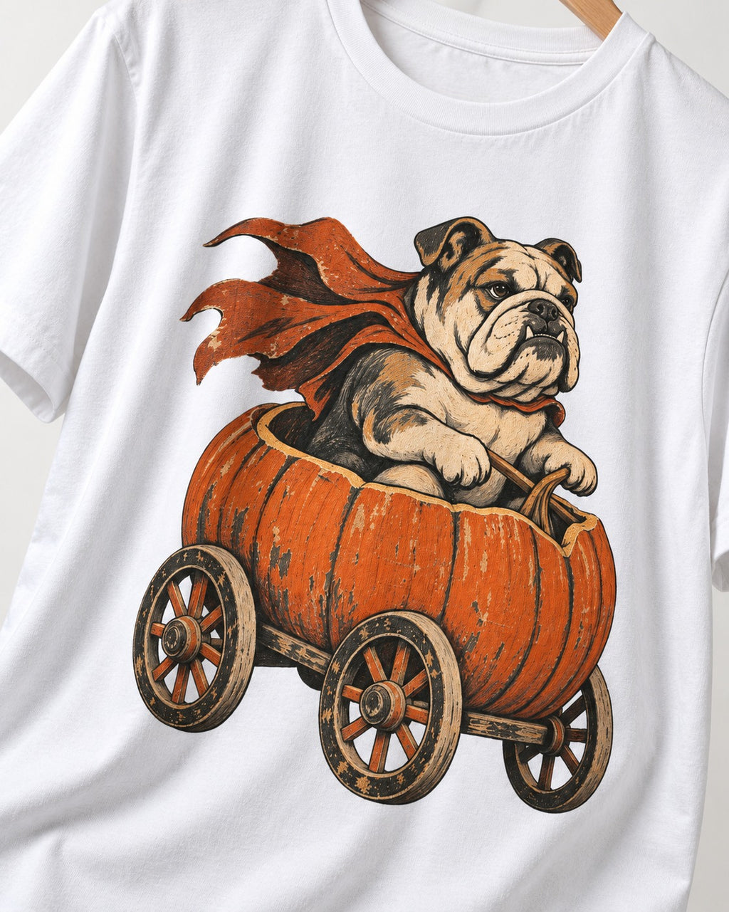 English Bulldog Midnight Magic T-Shirt in White, close-up of the graphic