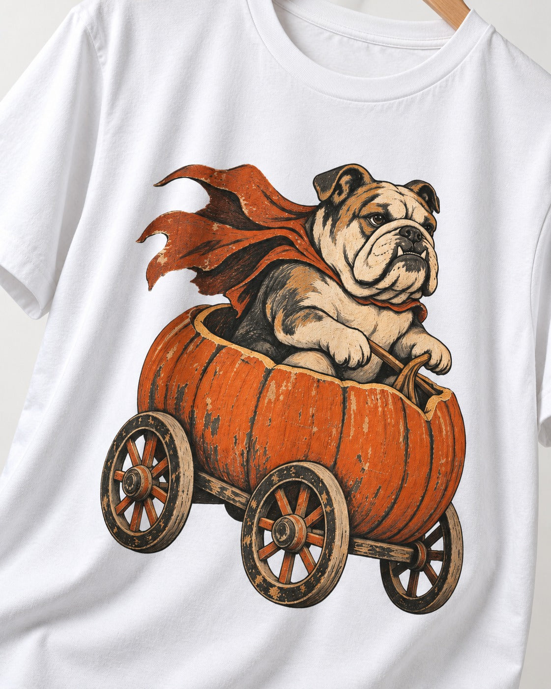 English Bulldog Midnight Magic T-Shirt in White, close-up of the graphic