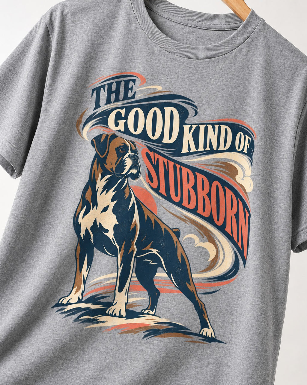 Boxer The Good Kind of Stubborn T-Shirt in Sport Grey, close-up of the graphic