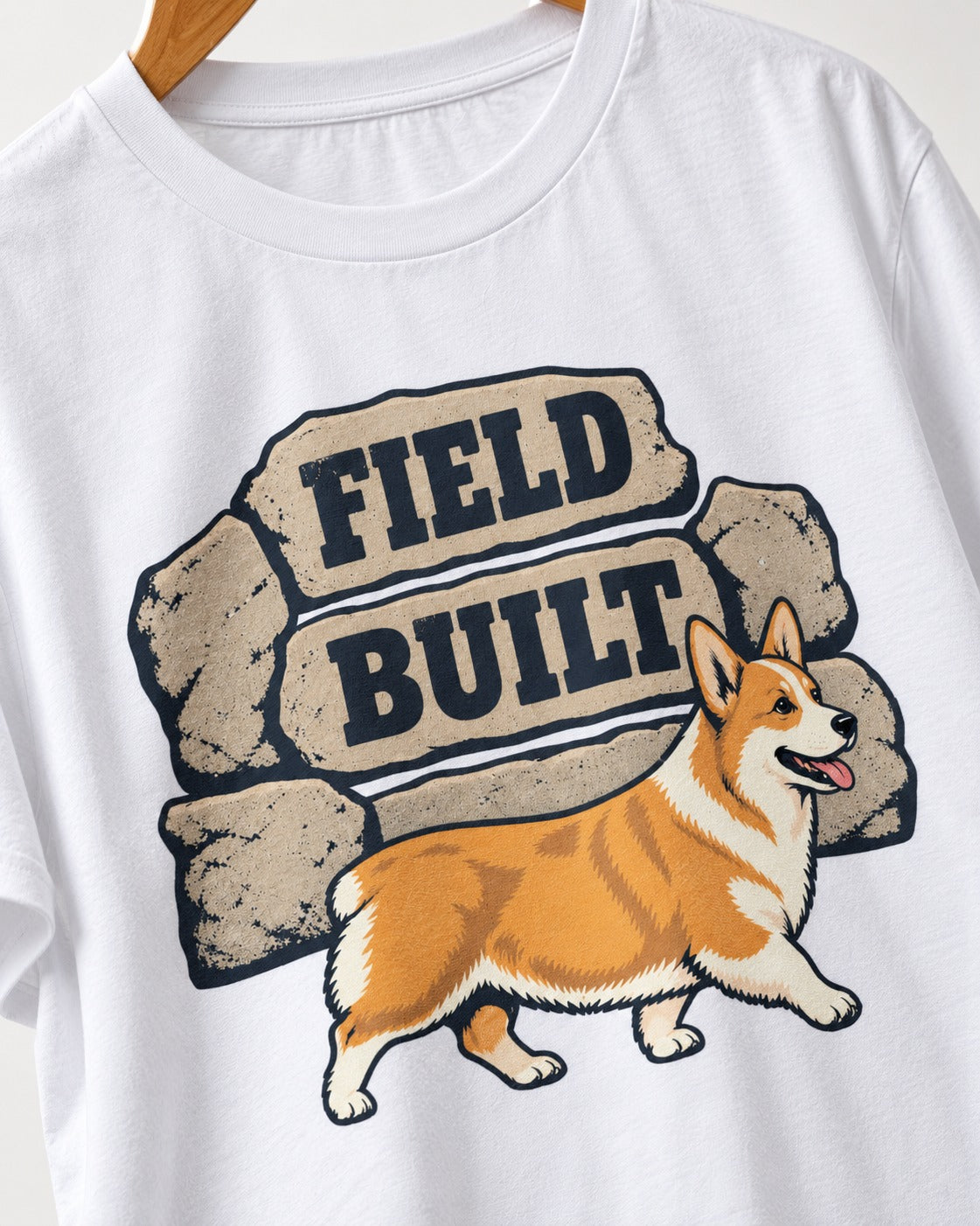 Field Built Corgi T-Shirt in White, close-up of the graphic