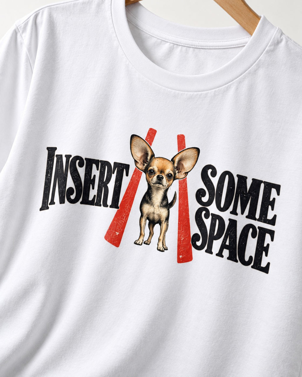 Insert Some Chihuahua Space T-Shirt in White, close-up of the graphic