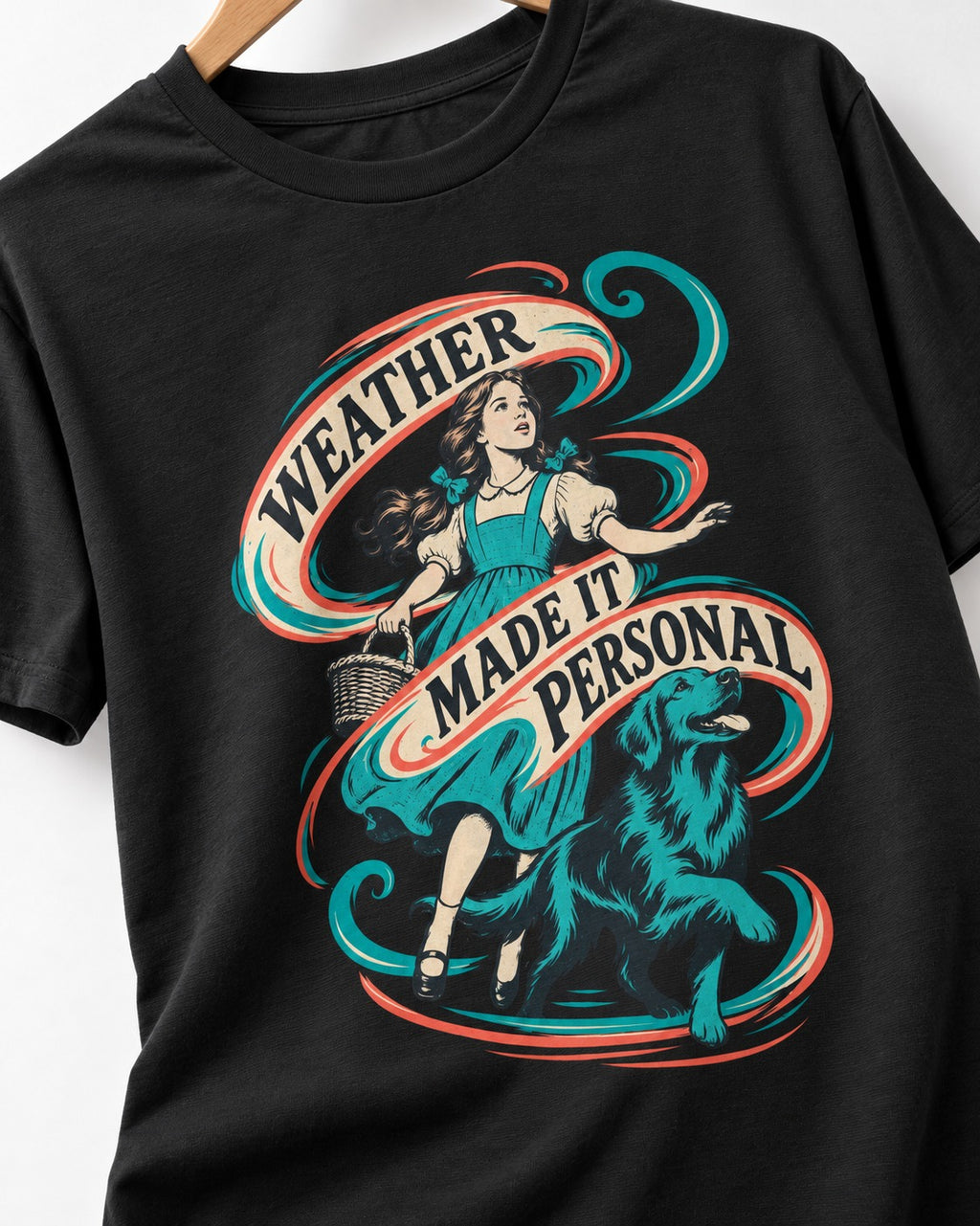 Golden Retriever Weather Made It Personal Woman Graphic T-Shirt in Black, close-up of the graphic