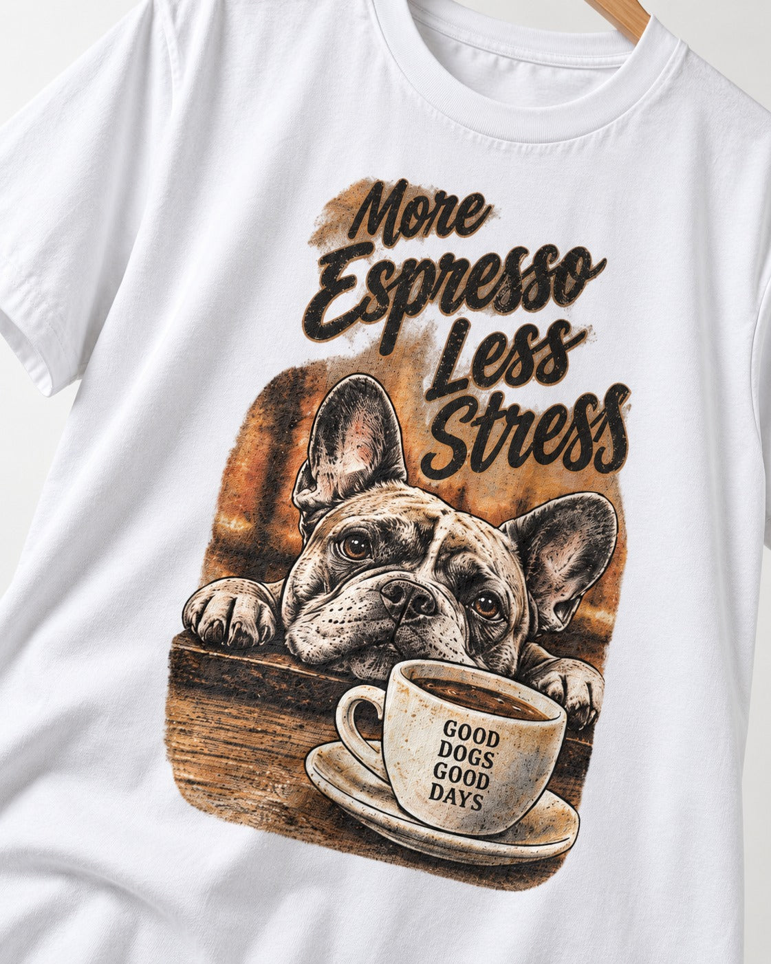 Frenchie More Espresso Less Stress T-Shirt in White, close-up of the graphic