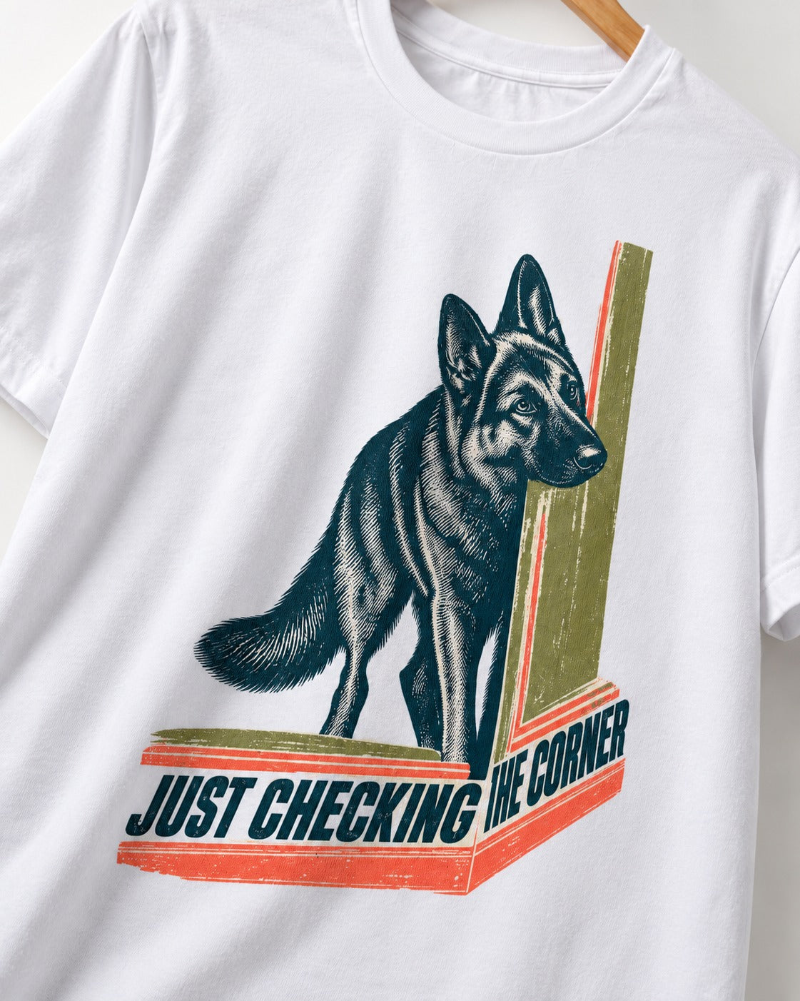 German Shepherd Dog Just Checking the Corner T-Shirt in White, close-up of the graphic